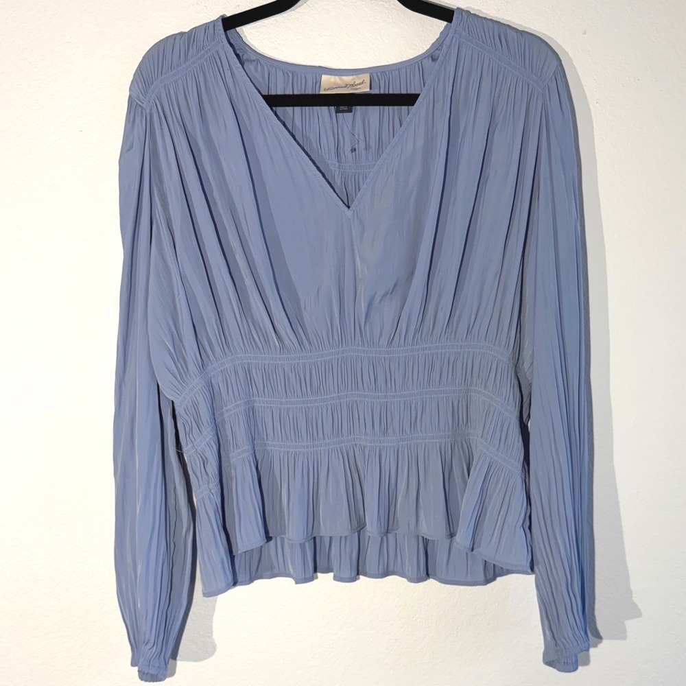 Universal Thread Light Blue Smocked Waist V-Neck Peplum Blouse XL Long Sleeve